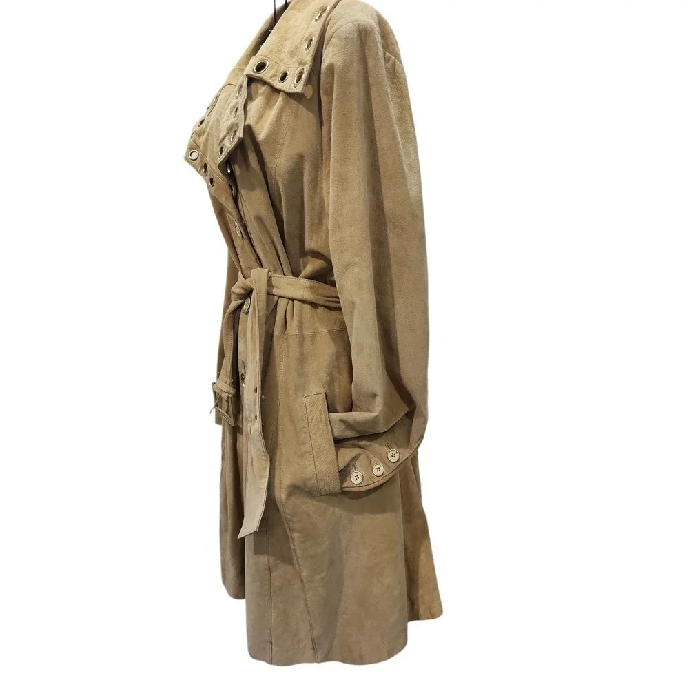Bradley Bayou Trench Coat Womens Large Tan Suede Floral Lining Boho Chic Luxury